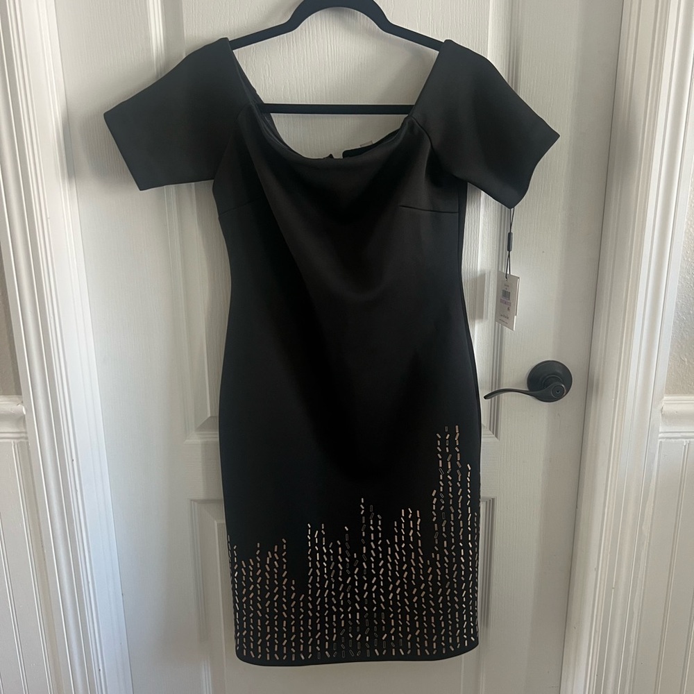 Calvin Klein Black Dress with Gold Detailing Off Shoulder Cap Sleeve